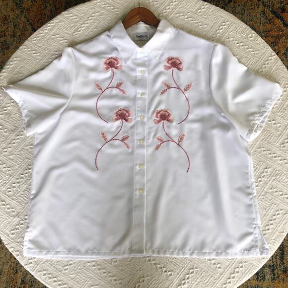BonWorth White Floral Embroidered Short Sleeve Button Up Blouse XL P Y2K Cottage - Picture 1 of 9